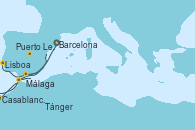 Visitando Barcelona, Málaga, Tánger (Marruecos), Casablanca (Marruecos), Puerto Leixões (Portugal), Lisboa (Portugal)