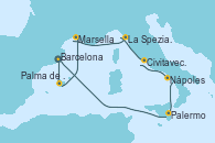 Visitando Barcelona, Palma de Mallorca (España), Marsella (Francia), La Spezia, Florencia y Pisa (Italia), Civitavecchia (Roma), Nápoles (Italia), Palermo (Italia), Barcelona