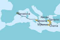 Visitando Barcelona, Messina (Sicilia), Chania (Creta/Grecia), Santorini (Grecia), Mykonos (Grecia), Atenas (Grecia)