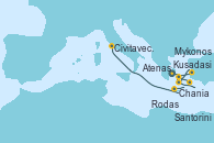 Visitando Atenas (Grecia), Rodas (Grecia), Mykonos (Grecia), Kusadasi (Efeso/Turquía), Santorini (Grecia), Chania (Creta/Grecia), Civitavecchia (Roma)