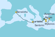 Visitando Atenas (Grecia), Mykonos (Grecia), Santorini (Grecia), Kusadasi (Efeso/Turquía), La Valletta (Malta), Barcelona