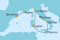 Visitando Civitavecchia (Roma), Nápoles (Italia), Palermo (Italia), Cagliari (Cerdeña), La Spezia, Florencia y Pisa (Italia), Toulon (Francia), Barcelona