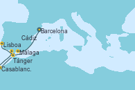 Visitando Barcelona, Málaga, Tánger (Marruecos), Casablanca (Marruecos), Cádiz (España), Lisboa (Portugal)