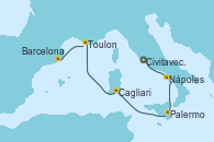 Visitando Civitavecchia (Roma), Nápoles (Italia), Palermo (Italia), Cagliari (Cerdeña), Toulon (Francia), Barcelona
