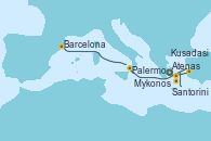 Visitando Atenas (Grecia), Santorini (Grecia), Mykonos (Grecia), Kusadasi (Efeso/Turquía), Palermo (Italia), Barcelona