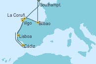 Visitando Southampton (Inglaterra), Bilbao (España), Cádiz (España), Lisboa (Portugal), Vigo (España), La Coruña (Galicia/España), Southampton (Inglaterra)
