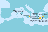 Visitando Barcelona, Messina (Sicilia), Santorini (Grecia), Kusadasi (Efeso/Turquía), Mykonos (Grecia), Atenas (Grecia)