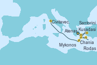 Visitando Atenas (Grecia), Mykonos (Grecia), Rodas (Grecia), Santorini (Grecia), Kusadasi (Efeso/Turquía), Chania (Creta/Grecia), Civitavecchia (Roma)