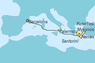 Visitando Barcelona, Palermo (Italia), Mykonos (Grecia), Kusadasi (Efeso/Turquía), Santorini (Grecia), Atenas (Grecia)