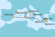 Visitando Atenas (Grecia), Santorini (Grecia), Mykonos (Grecia), Salerno (Italia), Civitavecchia (Roma), Cagliari (Cerdeña), Valencia, Barcelona