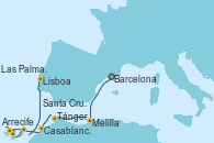Visitando Barcelona, Melilla (España), Tánger (Marruecos), Casablanca (Marruecos), Santa Cruz de Tenerife (España), Las Palmas de Gran Canaria (España), Arrecife (Lanzarote/España), Lisboa (Portugal), Lisboa (Portugal)