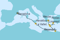 Visitando Barcelona, La Valletta (Malta), Alejandría (Egipto), Alejandría (Egipto), Limassol (Chipre), Rodas (Grecia), Heraklion (Creta), Atenas (Grecia)