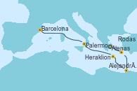 Visitando Atenas (Grecia), Rodas (Grecia), Alejandría (Egipto), Alejandría (Egipto), Heraklion (Creta), Palermo (Italia), Barcelona