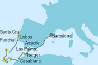 Visitando Barcelona, Tánger (Marruecos), Casablanca (Marruecos), Arrecife (Lanzarote/España), Las Palmas de Gran Canaria (España), Santa Cruz de Tenerife (España), Funchal (Madeira), Lisboa (Portugal), Lisboa (Portugal)