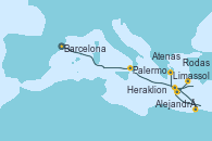 Visitando Barcelona, Palermo (Italia), Alejandría (Egipto), Alejandría (Egipto), Limassol (Chipre), Rodas (Grecia), Heraklion (Creta), Atenas (Grecia)