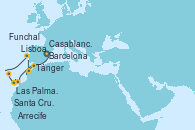 Visitando Barcelona, Casablanca (Marruecos), Tánger (Marruecos), Arrecife (Lanzarote/España), Las Palmas de Gran Canaria (España), Santa Cruz de Tenerife (España), Funchal (Madeira), Lisboa (Portugal), Lisboa (Portugal)