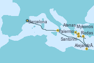 Visitando Barcelona, Palermo (Italia), Alejandría (Egipto), Alejandría (Egipto), Rodas (Grecia), Santorini (Grecia), Mykonos (Grecia), Atenas (Grecia)