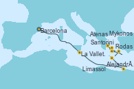 Visitando Barcelona, La Valletta (Malta), Alejandría (Egipto), Alejandría (Egipto), Limassol (Chipre), Rodas (Grecia), Santorini (Grecia), Mykonos (Grecia), Atenas (Grecia)