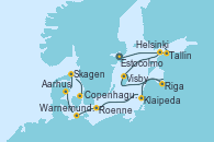 Visitando Estocolmo (Suecia), Tallin (Estonia), Helsinki (Finlandia), Visby (Suecia), Riga (Letonia), Klaipeda (Lituania), Roenne (Dinamarca), Warnemunde (Alemania), Aarhus (Dinamarca), Skagen (Dinamarca), Copenhague (Dinamarca)