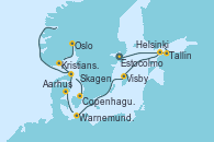 Visitando Estocolmo (Suecia), Tallin (Estonia), Helsinki (Finlandia), Visby (Suecia), Warnemunde (Alemania), Aarhus (Dinamarca), Kristiansand (Noruega), Oslo (Noruega), Skagen (Dinamarca), Copenhague (Dinamarca)