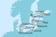 Visitando Estocolmo (Suecia), Tallin (Estonia), Helsinki (Finlandia), Visby (Suecia), Riga (Letonia), Klaipeda (Lituania), Gdansk (Polonia), Roenne (Dinamarca), Warnemunde (Alemania), Copenhague (Dinamarca)