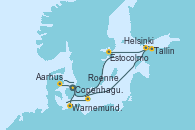 Visitando Copenhague (Dinamarca), Warnemunde (Alemania), Roenne (Dinamarca), Tallin (Estonia), Helsinki (Finlandia), Estocolmo (Suecia), Aarhus (Dinamarca), Copenhague (Dinamarca)