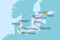 Visitando Estocolmo (Suecia), Tallin (Estonia), Helsinki (Finlandia), Visby (Suecia), Klaipeda (Lituania), Warnemunde (Alemania), Aarhus (Dinamarca), Skagen (Dinamarca), Copenhague (Dinamarca)