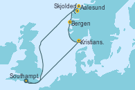 Visitando Southampton (Inglaterra), Kristiansand (Noruega), Bergen (Noruega), Aalesund (Noruega), Skjolden (Noruega), Southampton (Inglaterra)