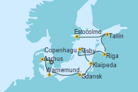 Visitando Copenhague (Dinamarca), Aarhus (Dinamarca), Warnemunde (Alemania), Gdansk (Polonia), Klaipeda (Lituania), Visby (Suecia), Riga (Letonia), Tallin (Estonia), Estocolmo (Suecia), Estocolmo (Suecia) Visitando Copenhague (Dinamarca), Aarhus (Dinamarca), Warnemunde (Alemania), Gdansk (Polonia), Klaipeda (Lituania), Visby (Suecia), Riga (Letonia), Tallin (Estonia), Estocolmo (Suecia), Estocolmo (Suecia)