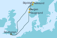 Visitando Southampton (Inglaterra), Haugesund (Noruega), Aalesund (Noruega), Bergen (Noruega), Skjolden (Noruega), Southampton (Inglaterra)