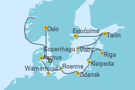 Visitando Copenhague (Dinamarca), Oslo (Noruega), Aarhus (Dinamarca), Warnemunde (Alemania), Roenne (Dinamarca), Gdansk (Polonia), Klaipeda (Lituania), Riga (Letonia), Visby (Suecia), Tallin (Estonia), Estocolmo (Suecia)