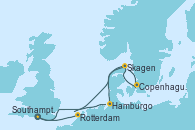 Visitando Southampton (Inglaterra), Rotterdam (Holanda), Skagen (Dinamarca), Copenhague (Dinamarca), Hamburgo (Alemania), Southampton (Inglaterra)
