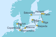 Visitando Copenhague (Dinamarca), Aarhus (Dinamarca), Warnemunde (Alemania), Roenne (Dinamarca), Klaipeda (Lituania), Visby (Suecia), Riga (Letonia), Tallin (Estonia), Helsinki (Finlandia), Estocolmo (Suecia)