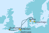 Visitando Southampton (Inglaterra), Rotterdam (Holanda), Copenhague (Dinamarca), Aarhus (Dinamarca), Zeebrugge (Bruselas), Southampton (Inglaterra)