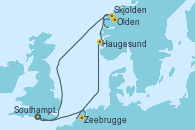 Visitando Southampton (Inglaterra), Zeebrugge (Bruselas), Haugesund (Noruega), Olden (Noruega), Skjolden (Noruega), Southampton (Inglaterra)