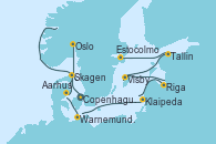 Visitando Copenhague (Dinamarca), Skagen (Dinamarca), Oslo (Noruega), Aarhus (Dinamarca), Warnemunde (Alemania), Klaipeda (Lituania), Riga (Letonia), Visby (Suecia), Tallin (Estonia), Estocolmo (Suecia), Estocolmo (Suecia)