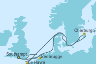 Visitando Southampton (Inglaterra), Cherburgo (Francia), Le Havre (Francia), Zeebrugge (Bruselas), Southampton (Inglaterra) Visitando Southampton (Inglaterra), Cherburgo (Francia), Le Havre (Francia), Zeebrugge (Bruselas), Southampton (Inglaterra)