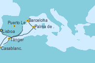 Visitando Lisboa (Portugal), Puerto Leixões (Portugal), Tánger (Marruecos), Casablanca (Marruecos), Palma de Mallorca (España), Barcelona