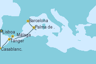 Visitando Lisboa (Portugal), Casablanca (Marruecos), Tánger (Marruecos), Málaga, Palma de Mallorca (España), Barcelona