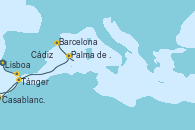 Visitando Lisboa (Portugal), Cádiz (España), Tánger (Marruecos), Casablanca (Marruecos), Palma de Mallorca (España), Barcelona