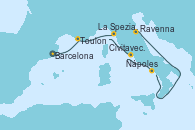 Visitando Barcelona, Toulon (Francia), La Spezia, Florencia y Pisa (Italia), Civitavecchia (Roma), Nápoles (Italia), Ravenna (Italia)