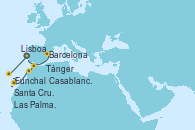 Visitando Lisboa (Portugal), Funchal (Madeira), Santa Cruz de Tenerife (España), Las Palmas de Gran Canaria (España), Casablanca (Marruecos), Tánger (Marruecos), Barcelona