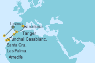 Visitando Lisboa (Portugal), Funchal (Madeira), Santa Cruz de Tenerife (España), Las Palmas de Gran Canaria (España), Arrecife (Lanzarote/España), Casablanca (Marruecos), Tánger (Marruecos), Barcelona