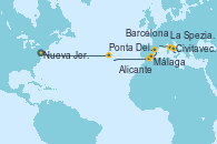 Visitando Nueva Jersey (Estados Unidos), Ponta Delgada (Azores), Málaga, Alicante (España), Barcelona, La Spezia, Florencia y Pisa (Italia), Civitavecchia (Roma)