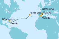 Visitando Galveston (Texas), Nassau (Bahamas), Ponta Delgada (Azores), Málaga, Alicante (España), Barcelona