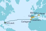 Visitando Fort Lauderdale (Florida/EEUU), Casablanca (Marruecos), Cádiz (España), Málaga, Cartagena (Murcia), Civitavecchia (Roma)