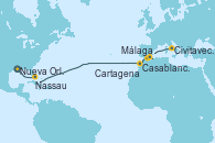 Visitando Nueva Orleans (Luisiana), Nassau (Bahamas), Casablanca (Marruecos), Málaga, Cartagena (Murcia), Civitavecchia (Roma)