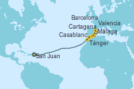 Visitando San Juan (Puerto Rico), Casablanca (Marruecos), Tánger (Marruecos), Málaga, Cartagena (Murcia), Valencia, Barcelona Visitando San Juan (Puerto Rico), Casablanca (Marruecos), Tánger (Marruecos), Málaga, Cartagena (Murcia), Valencia, Barcelona