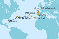 Visitando Miami (Florida/EEUU), Kings Wharf (Bermudas), Ponta Delgada (Azores), Funchal (Madeira), Lisboa (Portugal), Vigo (España) y Southampton (Inglaterra)