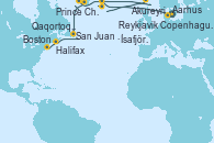 Visitando Copenhague (Dinamarca), Aarhus (Dinamarca), Reykjavik (Islandia), Reykjavik (Islandia), Ísafjörður (Islandia), Akureyri (Islandia), Prince Christian Sound (Groenlandia), Qaqortoq, Greeland, San Juan de Terranova (Canadá), Halifax (Canadá), Boston (Massachusetts)